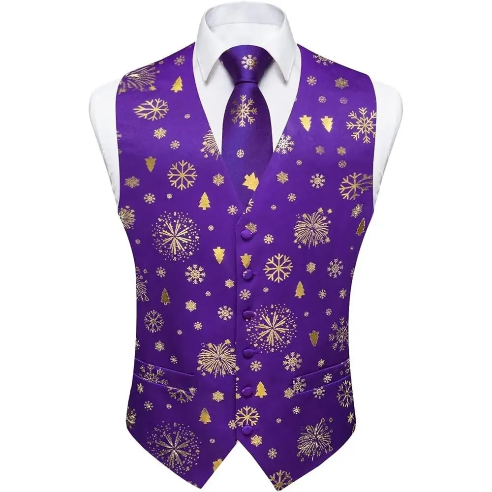 Christmas Men's Suit Vest Tie Set Formal Waistcoat Tuxedo Purple Festive sz L